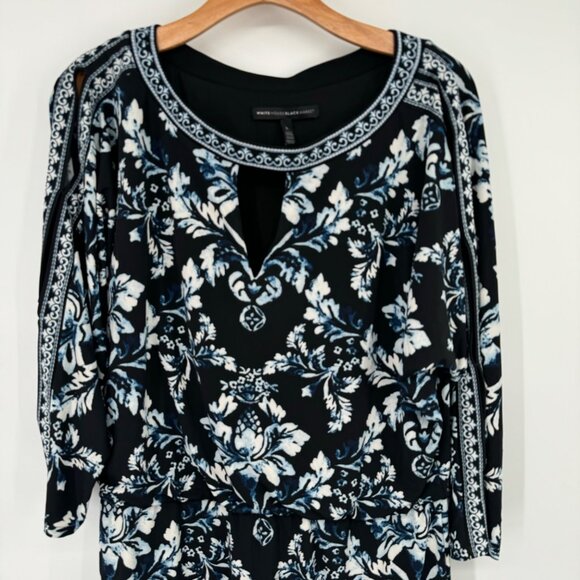 White House Black Market blue Floral Print Dress womens size large open sleeve - Picture 5 of 11